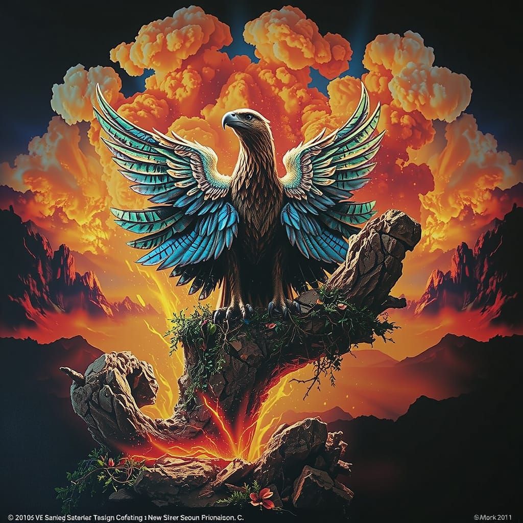 Majestic Griffin on Ancient Ruins with Bioluminescent Flora