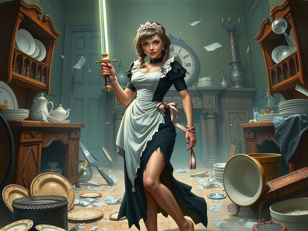 Magical Maid with Sword in Chaotic Kitchen, Art Nouveau