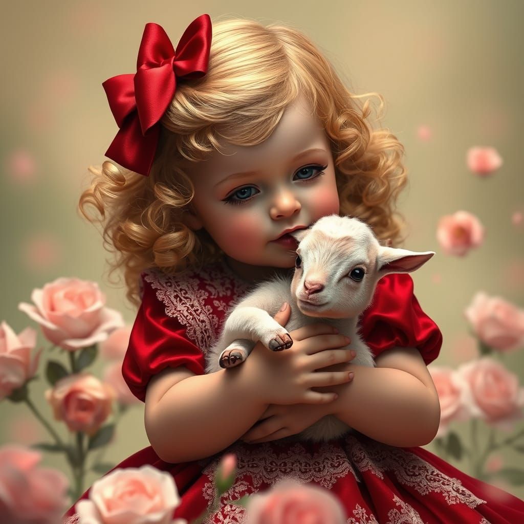 Delicate Baby Girl with Baby Goat in Whimsical Art Nouveau S...