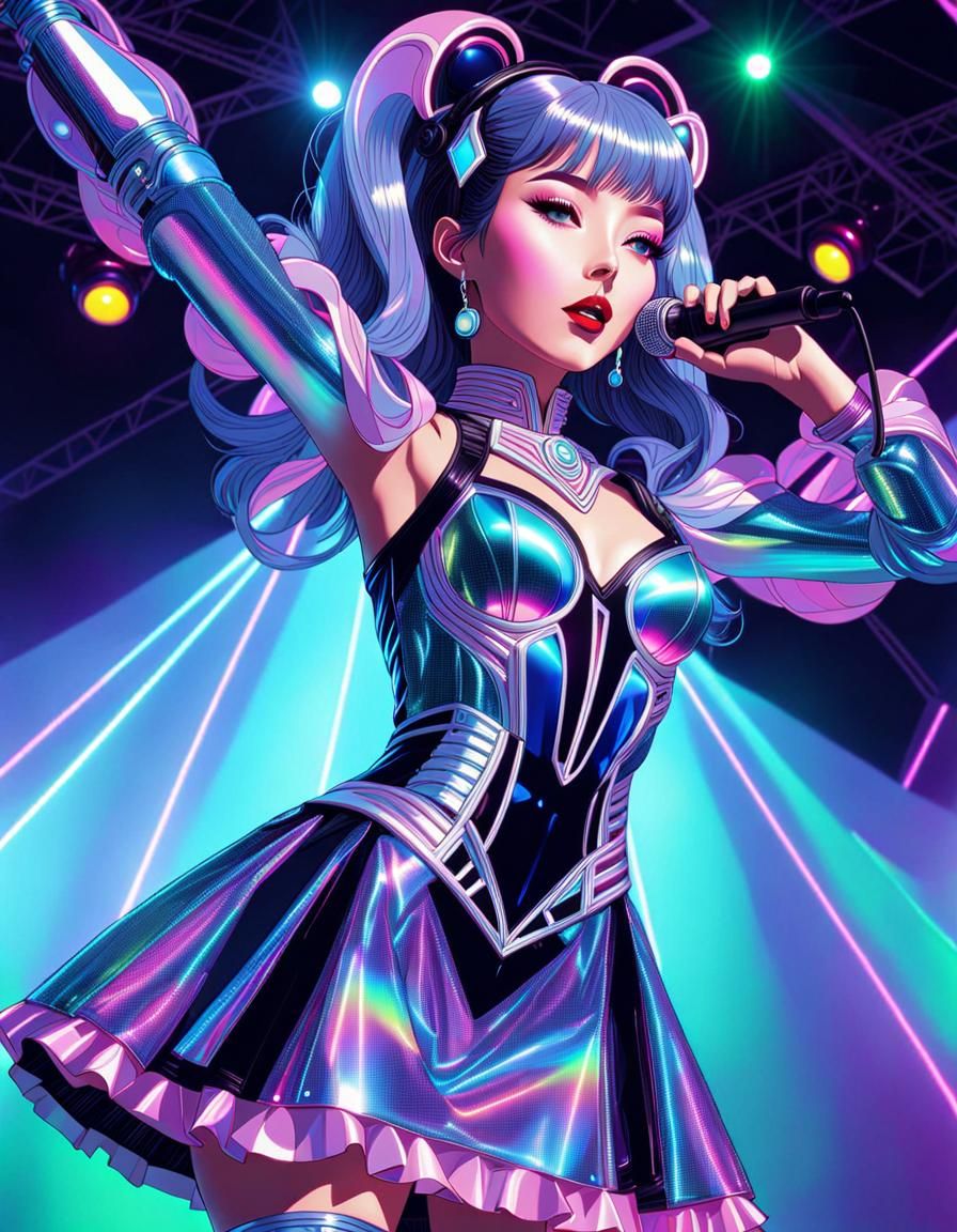 Holographic Alien Popstar Concert in Vaporwave Style