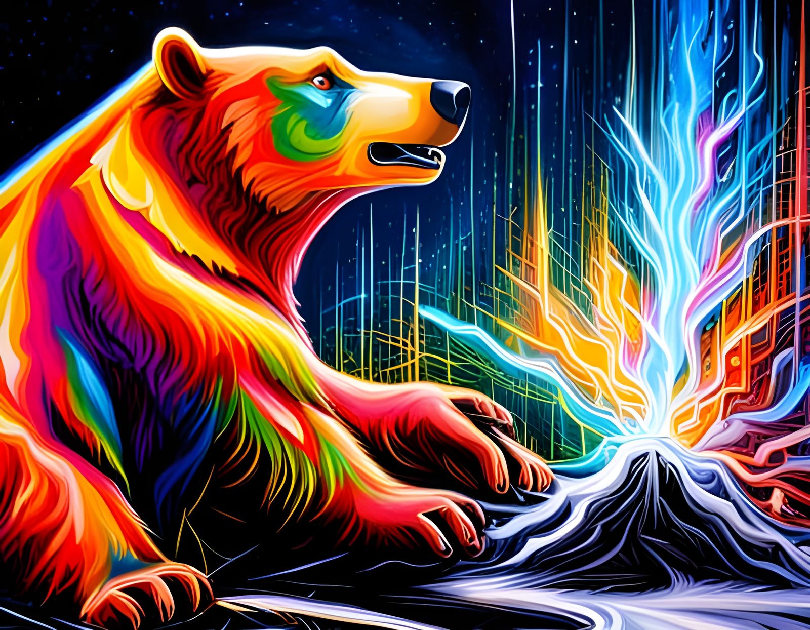 Magical Bear Unleashing Energy in Graffiti Art Style