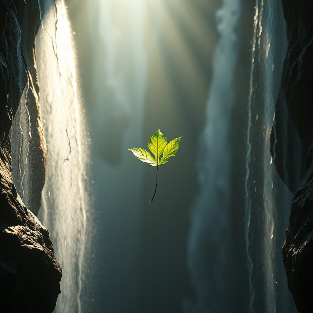 Leaf Suspended Between Waterfalls in Matte Painting Style
