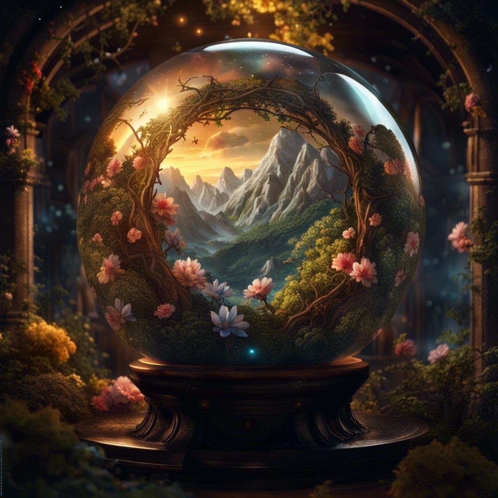 Mountain Landscape Inside Glass Sphere with Flowers