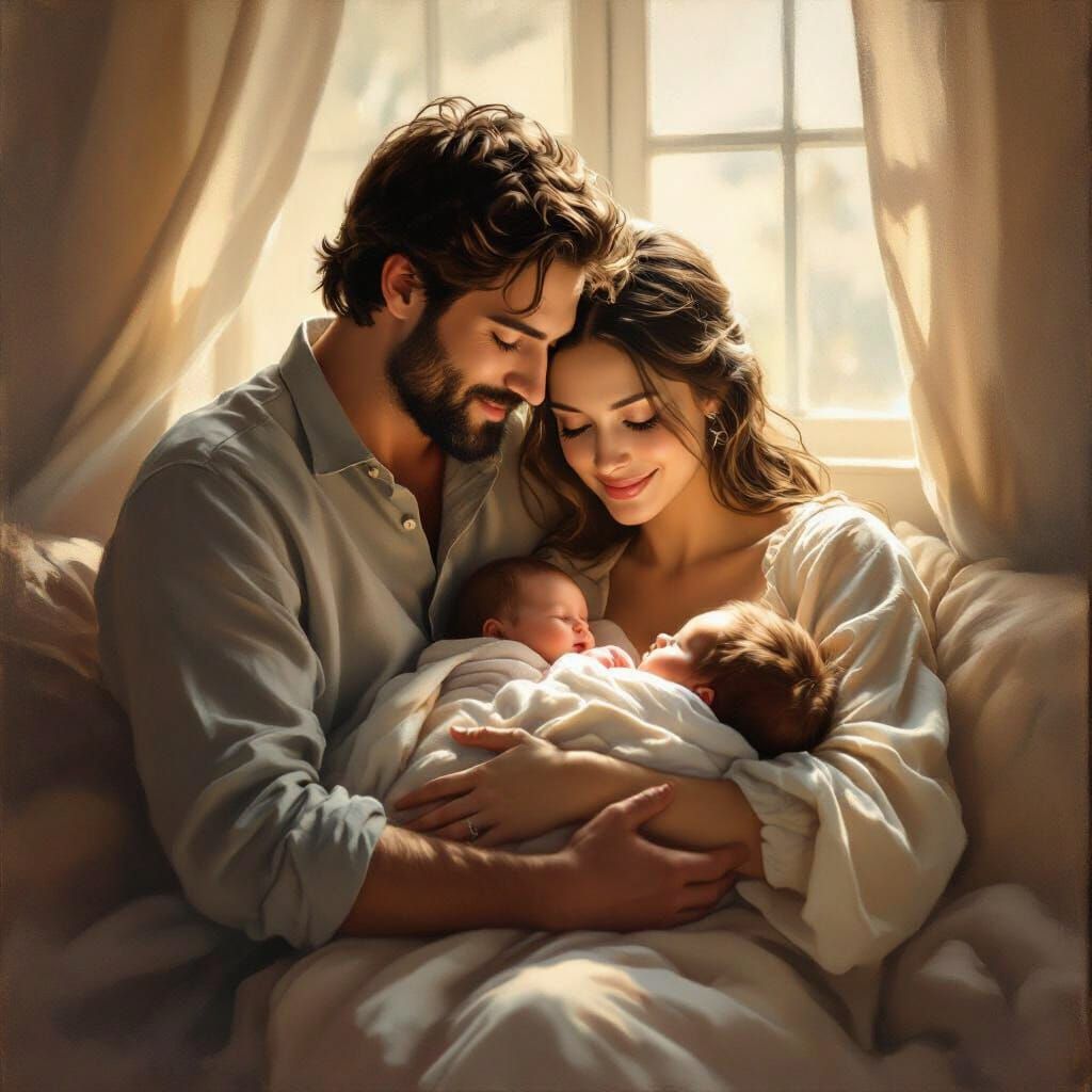 Loving Family Portrait in Classic Oil Painting Style
