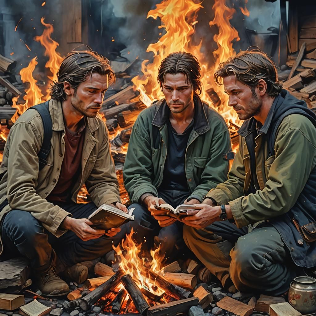 Hyperrealistic Figures Reading by Firelight