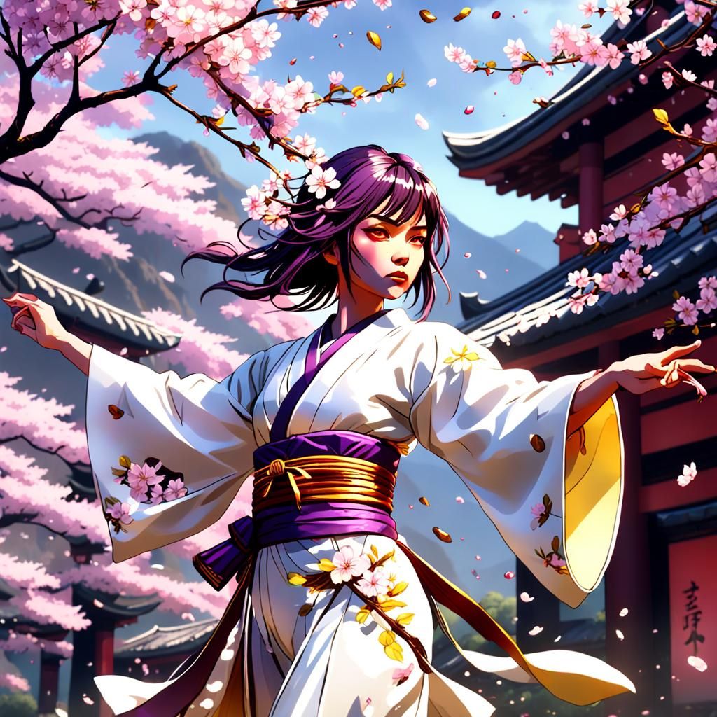 Samurai Woman in Kimono with Cherry Blossoms
