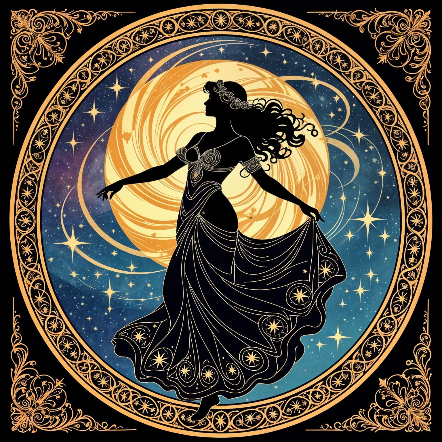 Art Nouveau Silhouette Dances in Cosmic Galaxy
