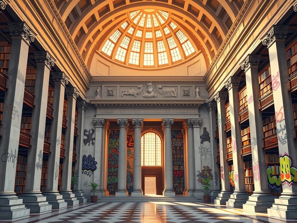Elegant Neoclassical Library Blends Tradition and Street Art