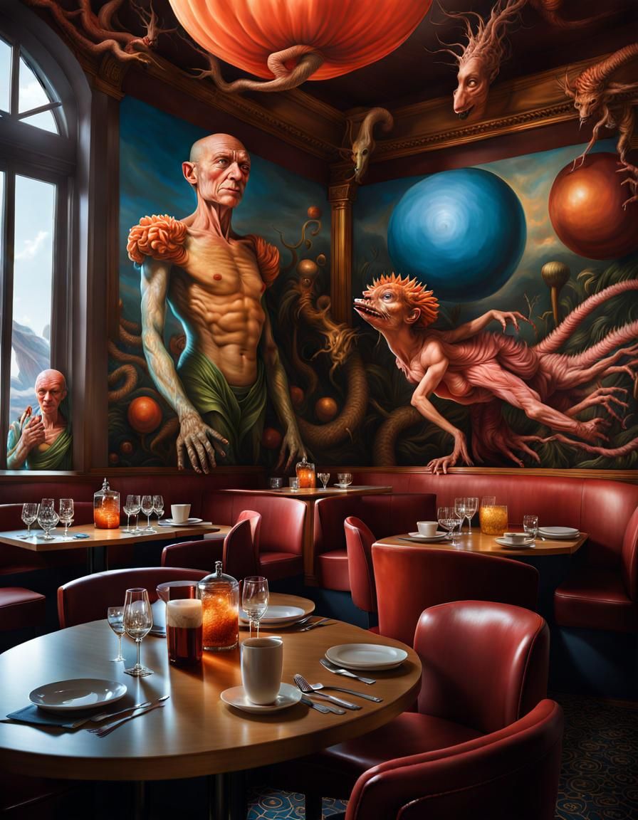 Bizarre Creatures in Surreal Tableau, Detailed Portrait