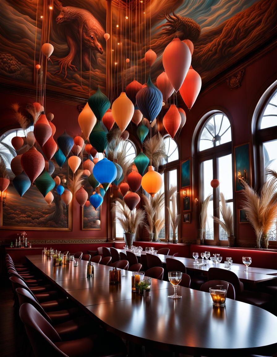Bizarre Creatures Feast in Surreal Bistro, Photorealism