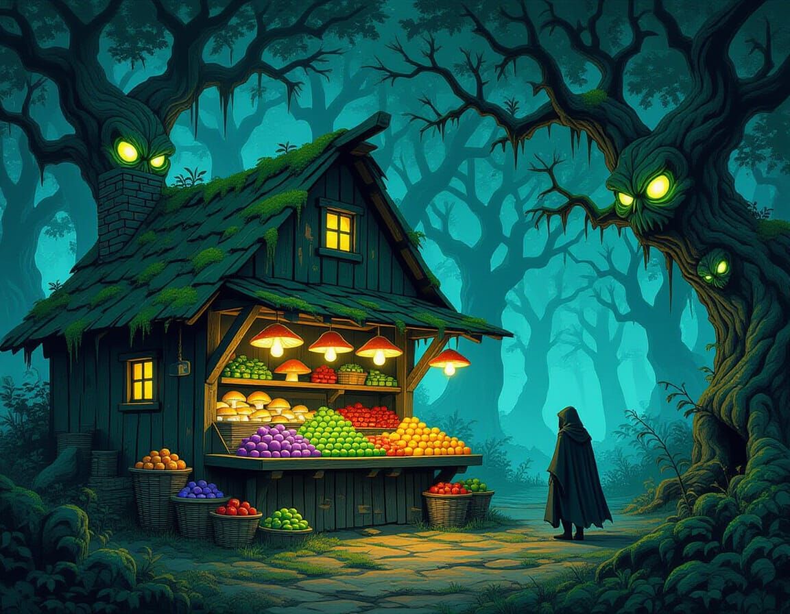 Enchanted Farmstand in Dark Fantasy Forest