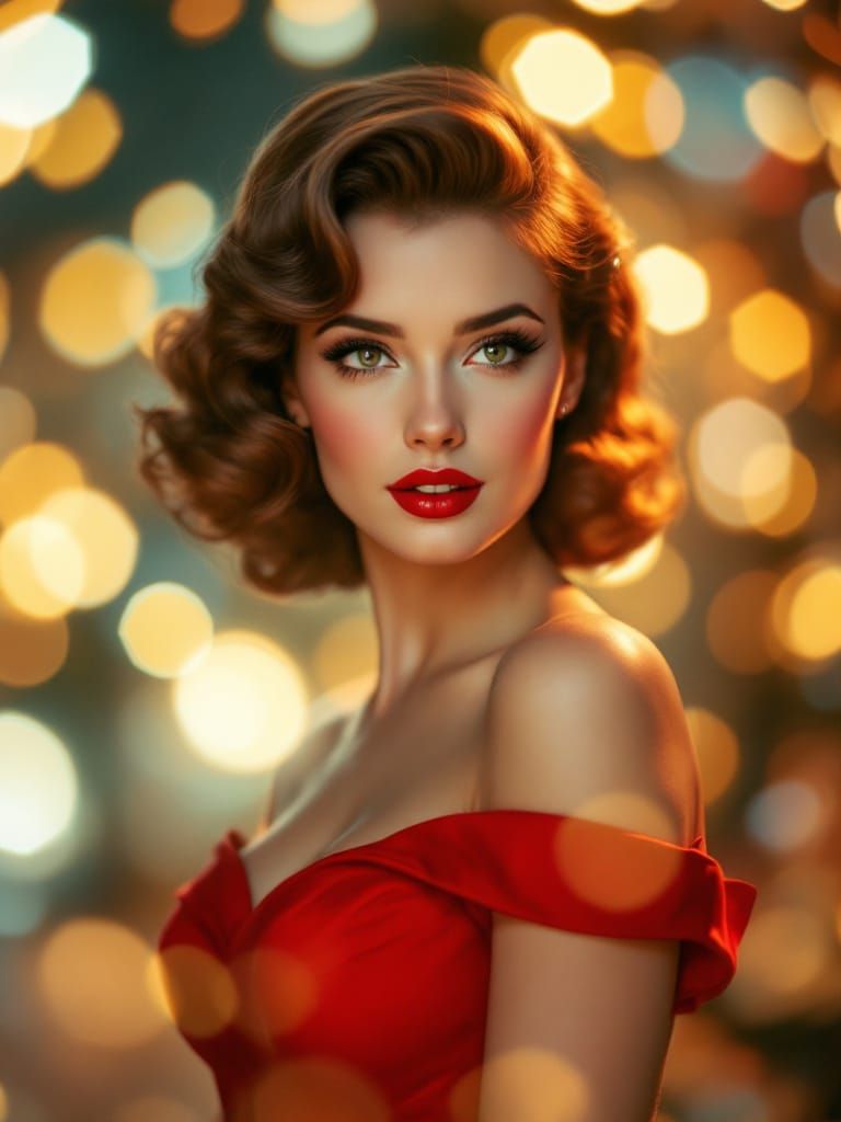 1950s Pin-Up Woman with Bokeh Lights