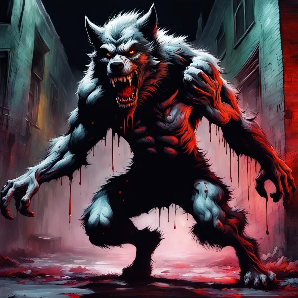 Bloody Werewolf Graffiti Art Under Full Moon