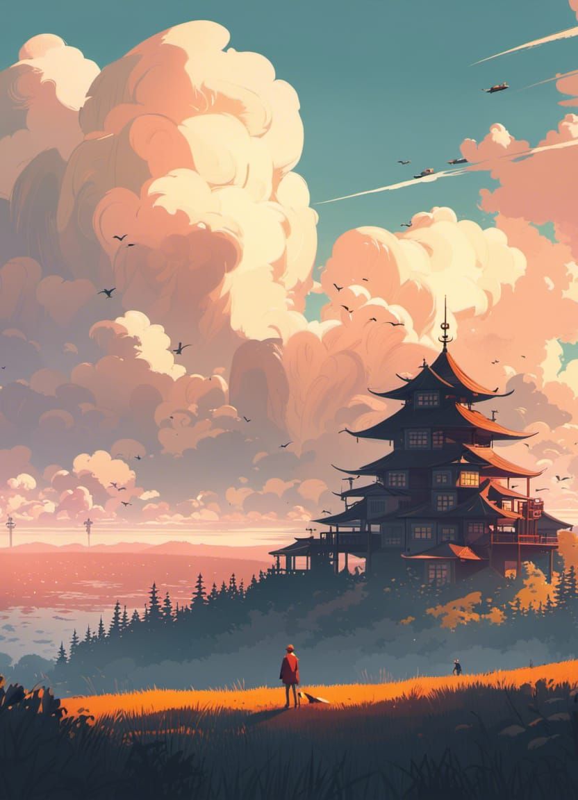 Dramatic Shrine Landscape in Illustrative Style