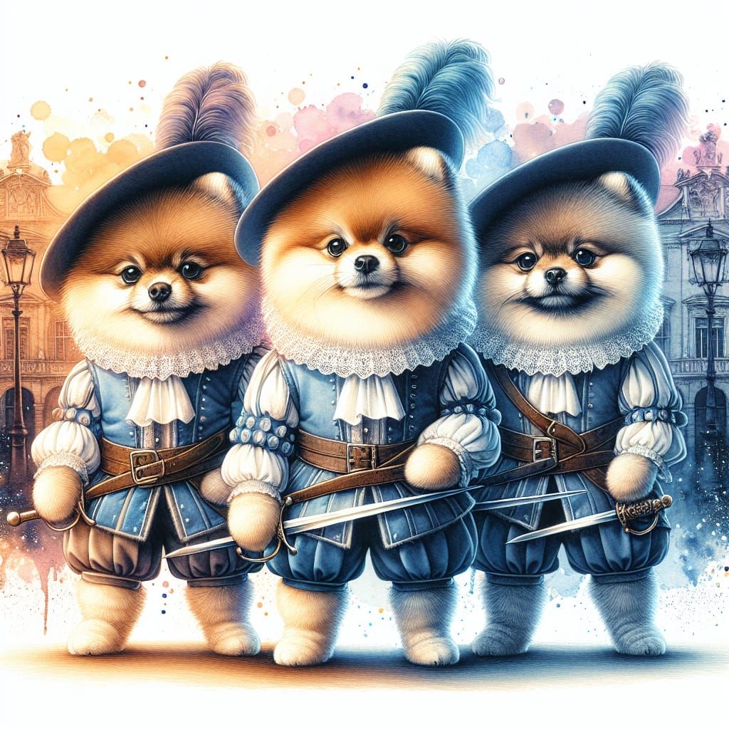 English Watercolor Pomeranian Musketeers in Renaissance Pala...