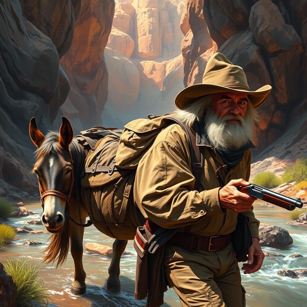 Old Miner Leads Mule Through Canyon Stream in Hyperrealistic...