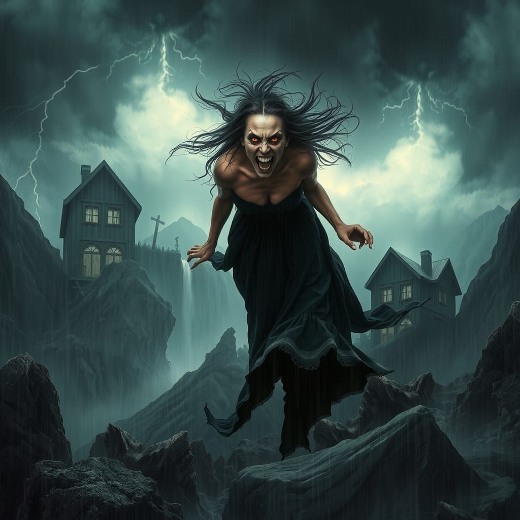 Wrathful Banshee in Stormy Landscape