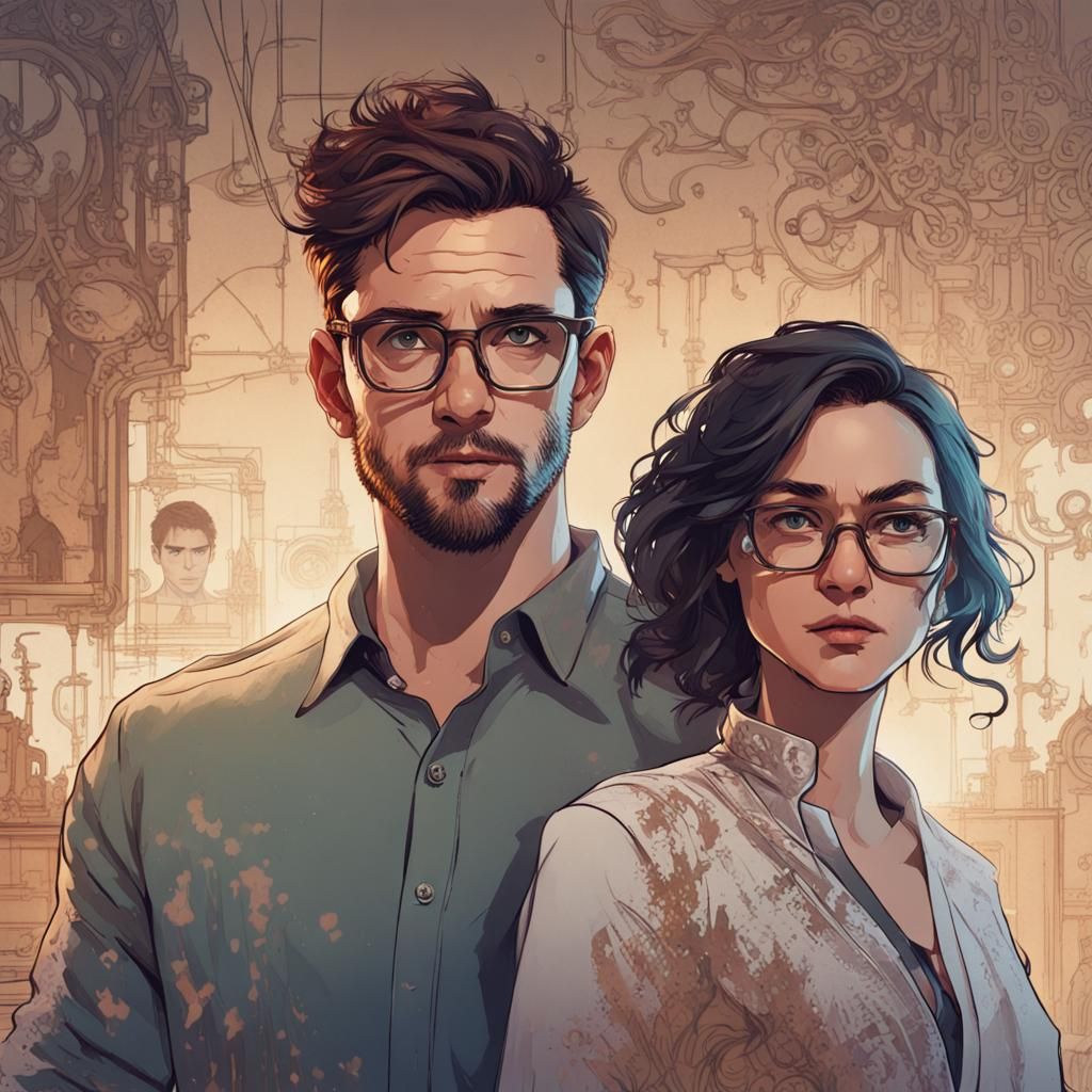 man with glasses in concept art style in room in splash screen style and intricately detailed woman next to him