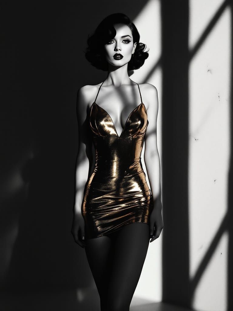 Monochromatic Gold Dress Portrait with Dramatic Shadows