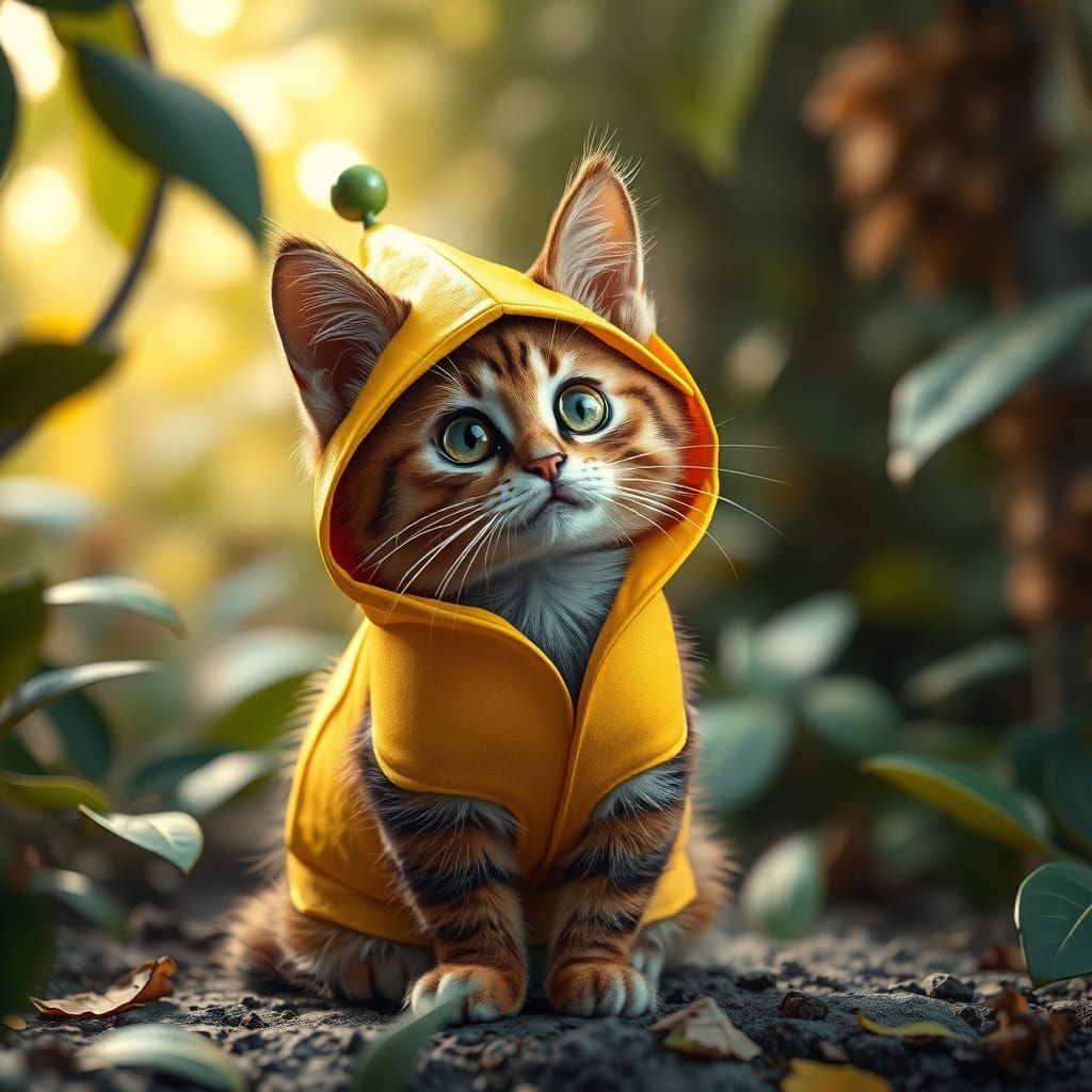 Whimsical Cat in Banana Peel Costume in a Dreamlike Landscap...
