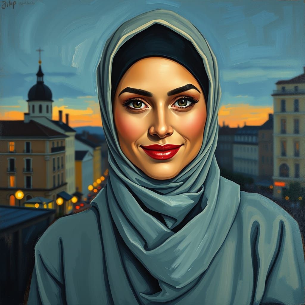 Elegant Hijabi Woman in Evening City Oil Painting