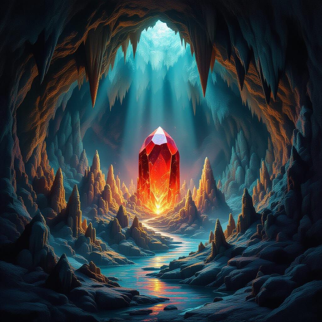 Red Gem Cave with Stalactites in Fantasy Style