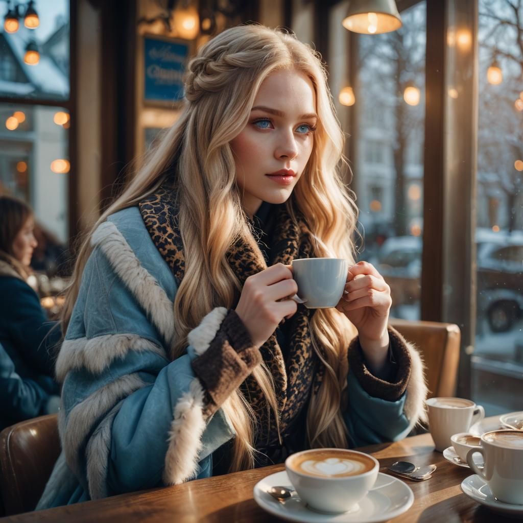 Elegant Model in Cafe: Cinematic Film Still