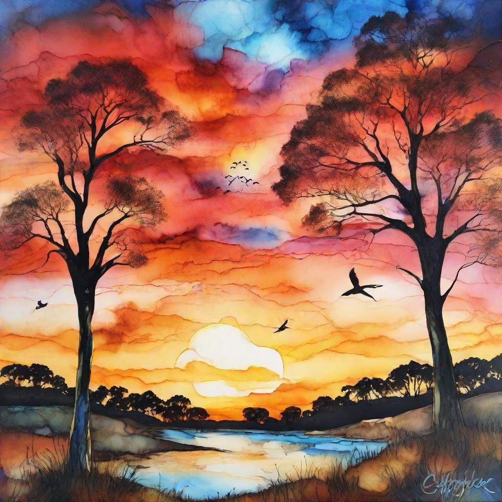 Alcohol Ink Savannah Sunset Landscape with Birds