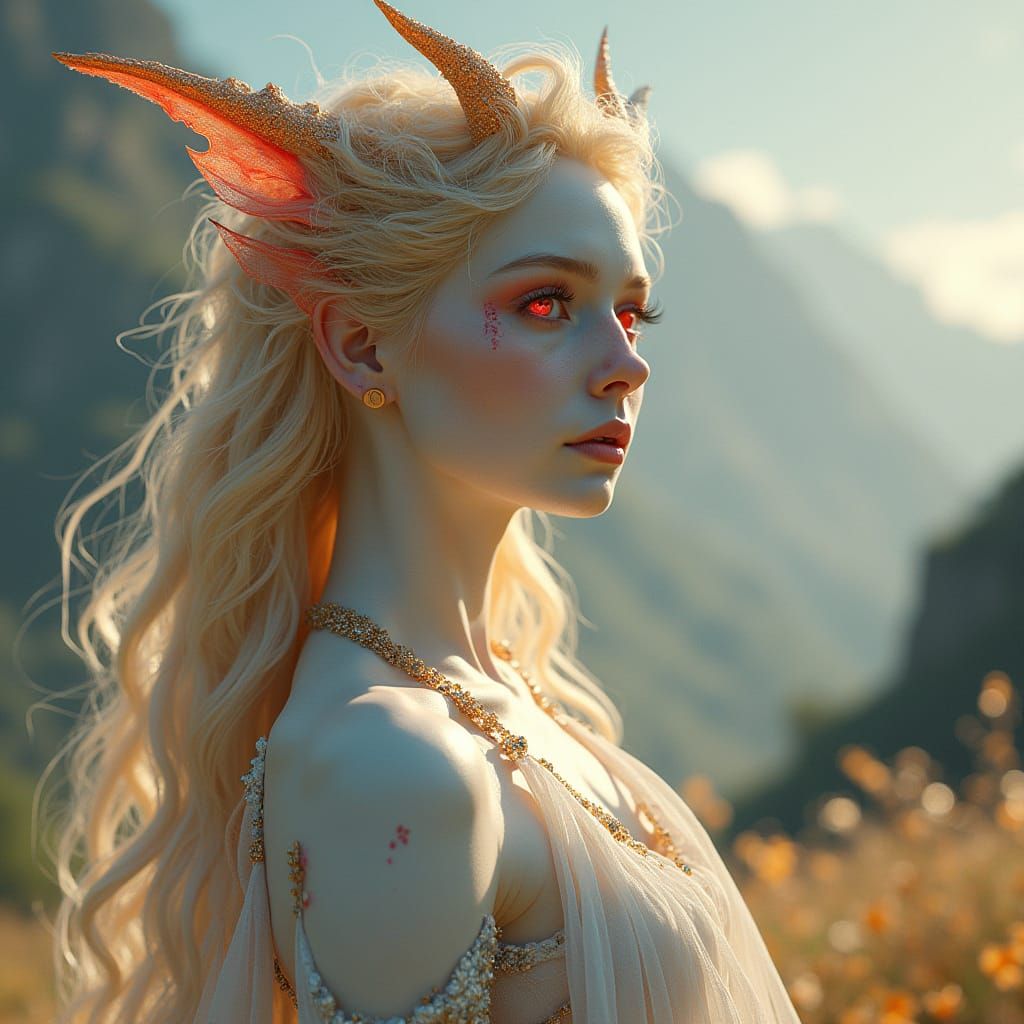 Ethereal Futanary Goddess with Fiery Mane and Silvery Skin