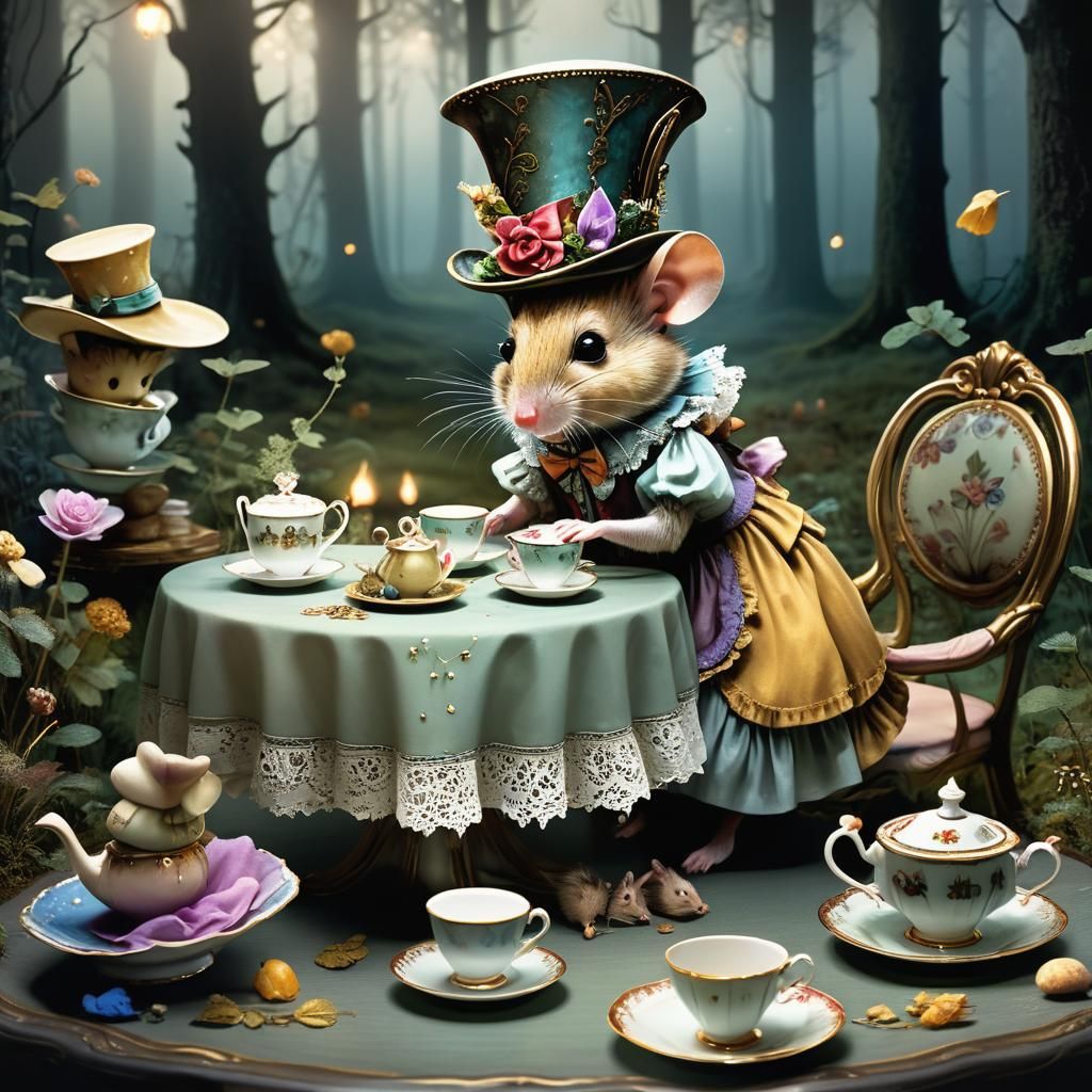Field Mouse's Eerie Tea Party in Misty Woods