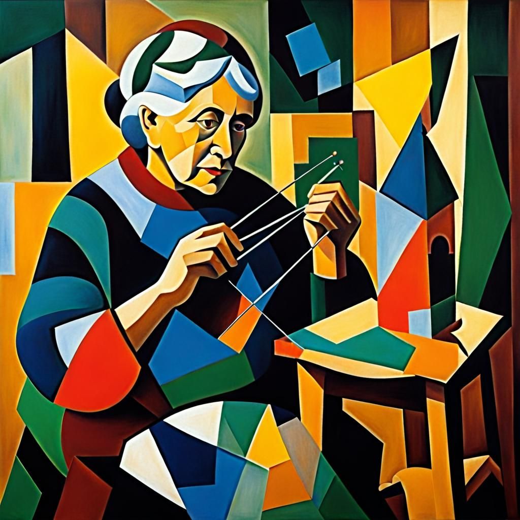 Cubist Granny Knitting a Sweater