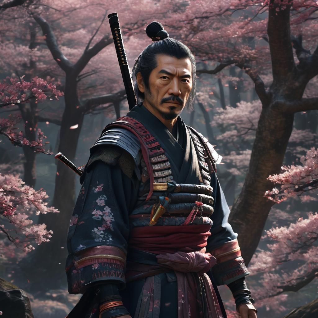 Heroic Samurai Miyamoto Musashi in Mystical Forest