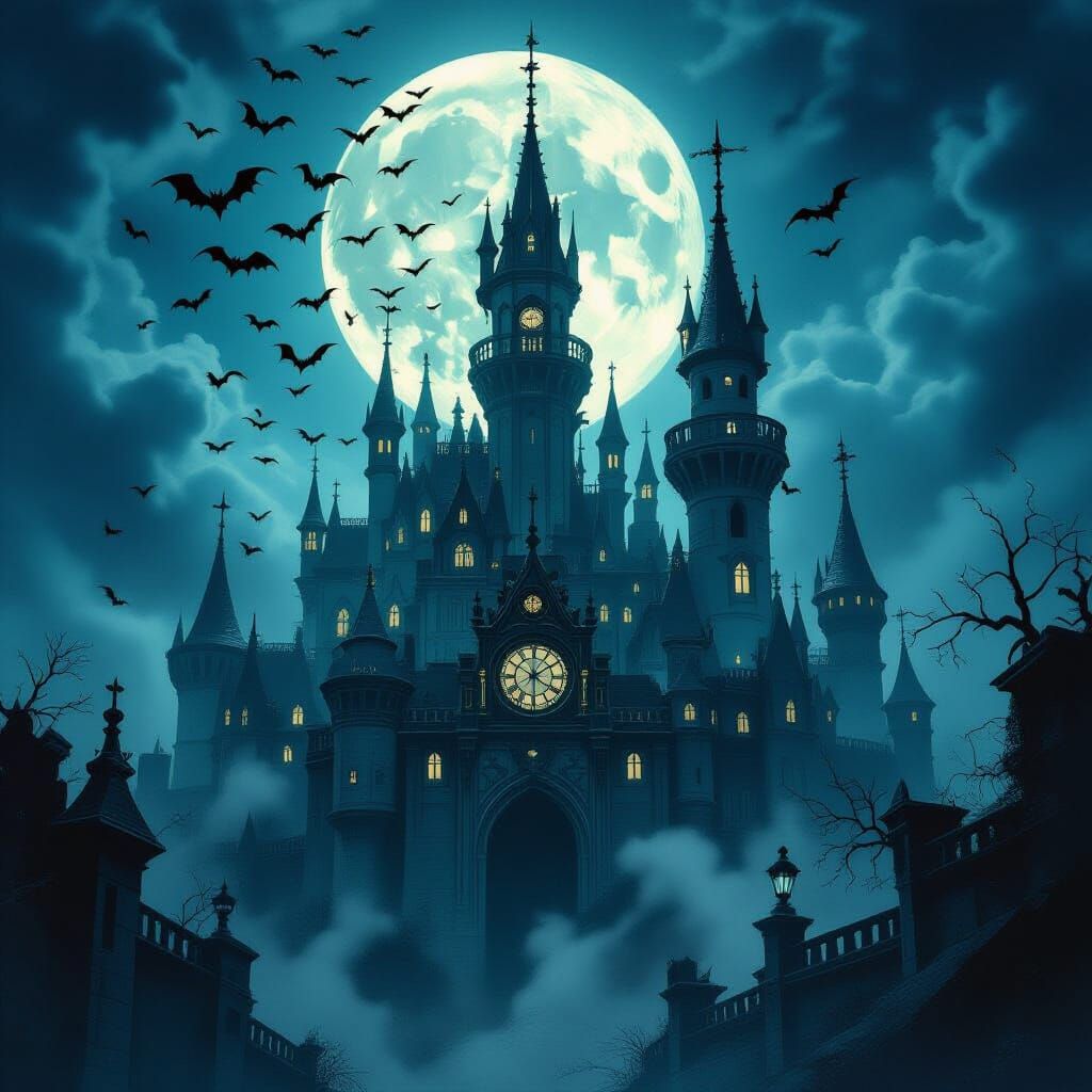 Gothic Clockwork Castle Under Full Moon with Bats