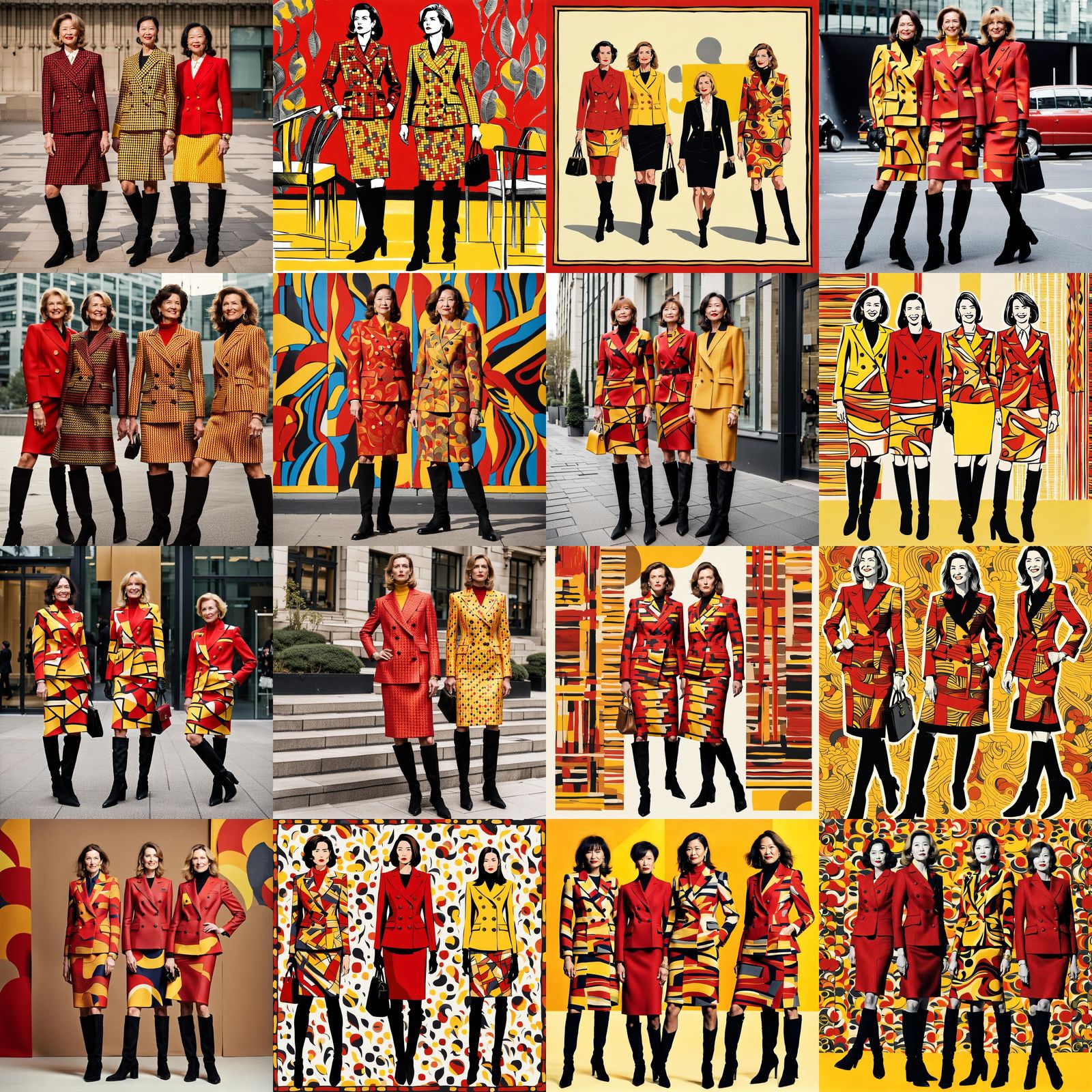 Businesswomen in Red and Yellow Abstract Skirt Suits