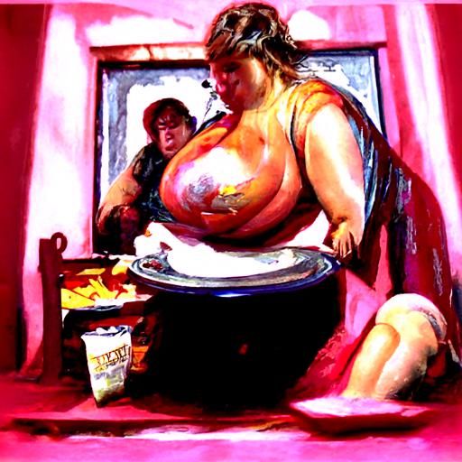 Oil Painting of Overweight Women Eating