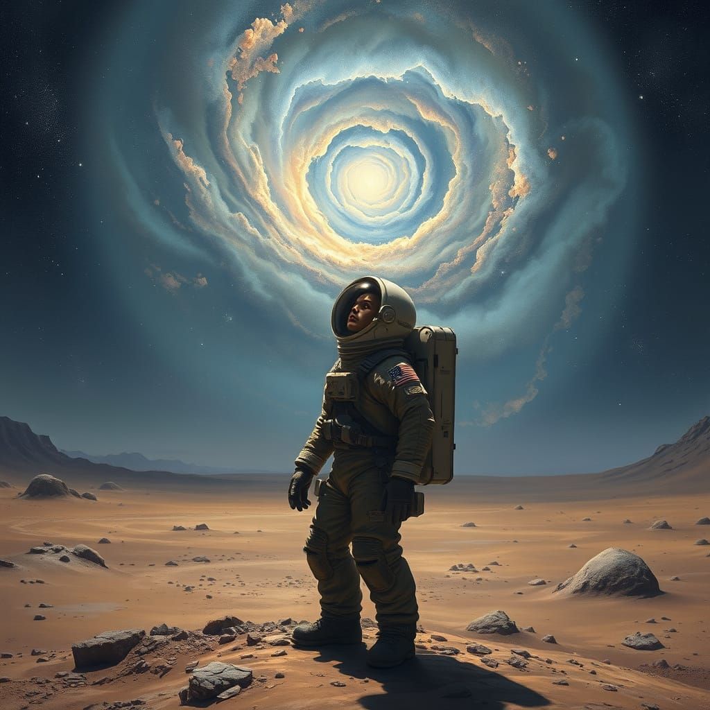 A lone astronaut stands on a desolate, alien planet, gazing ...