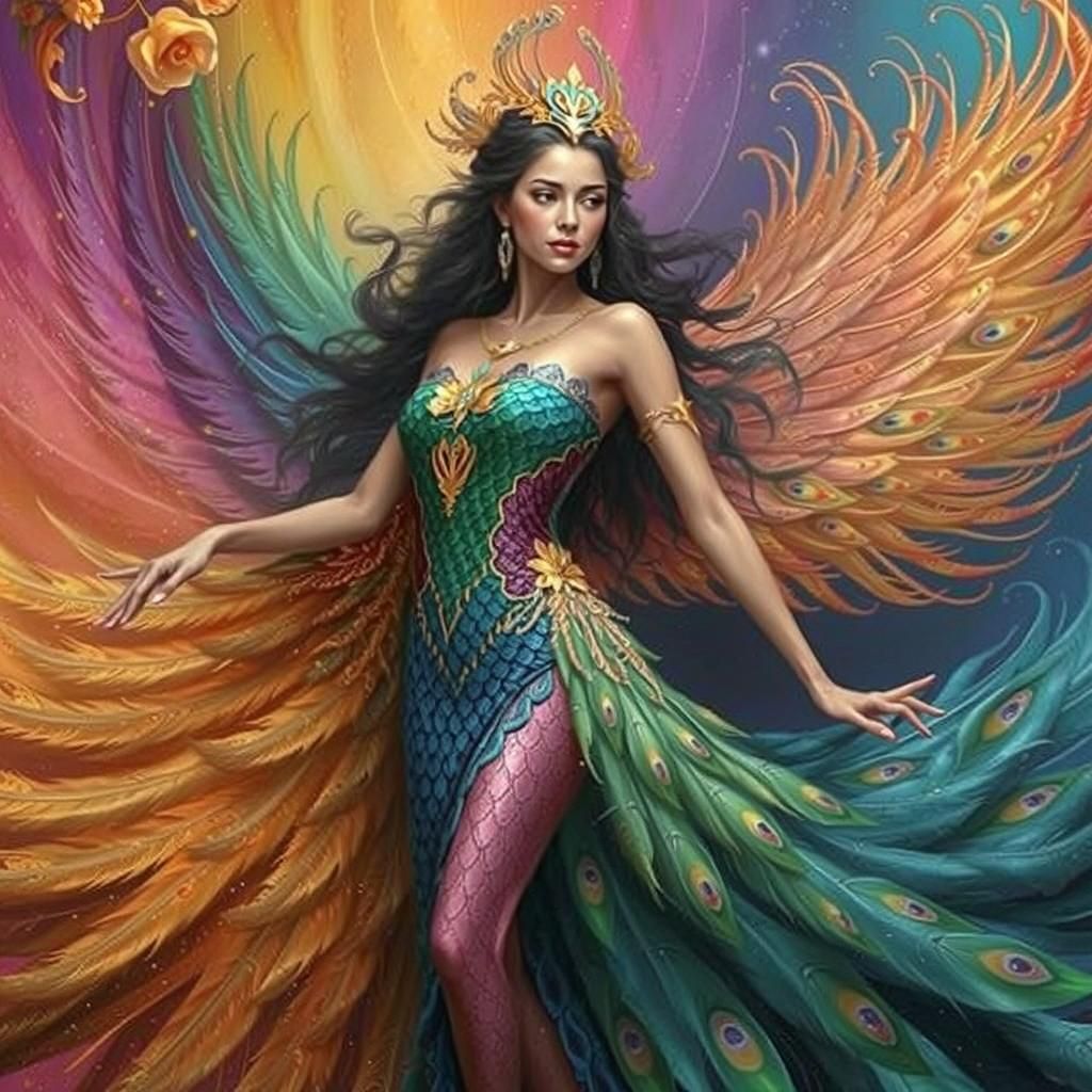 Dragon Peacock Woman in Abstract Expressionist Style