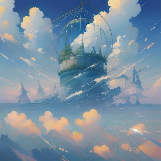 Surreal Fish in Cage Sky, Dreamlike Oil Painting