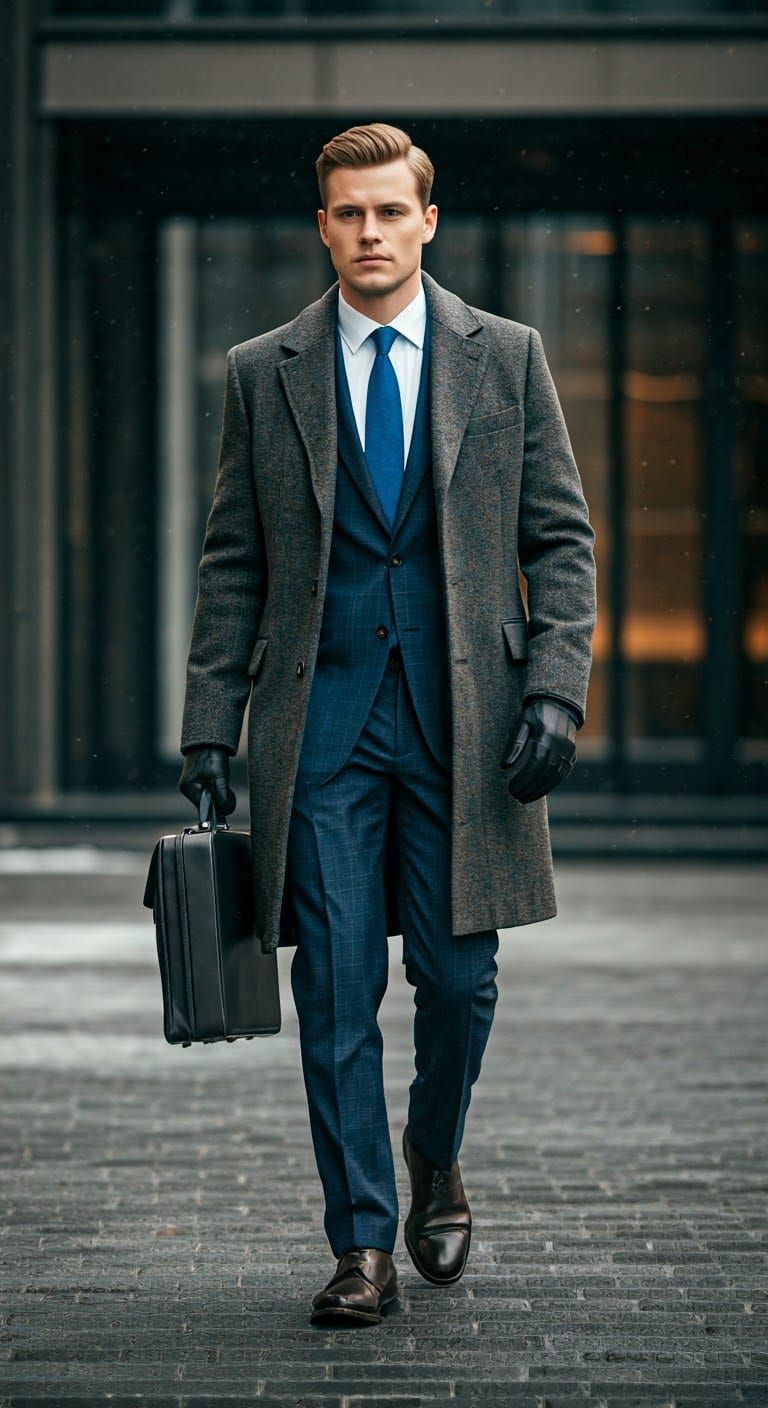 Tall Lawyer Walks Through Snowy Financial District