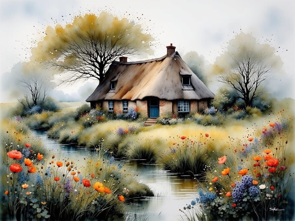 Cozy North Frisian Thatched Roof Cottage Amidst Spring Bloom...