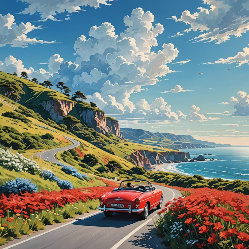 Coastal Road Trip in a Red Convertible