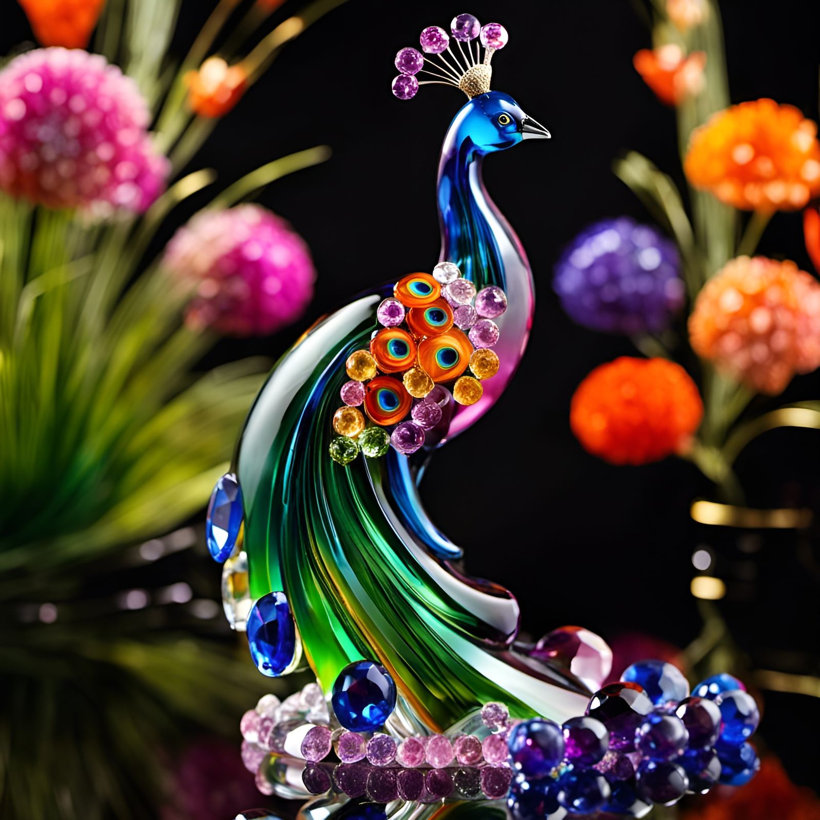 Blown Glass Peacock Figurine in Crystal Cubism