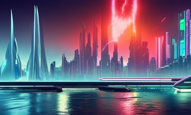 Cyberpunk Cityscape: Neon Sci-Fi Waterfront in 8K