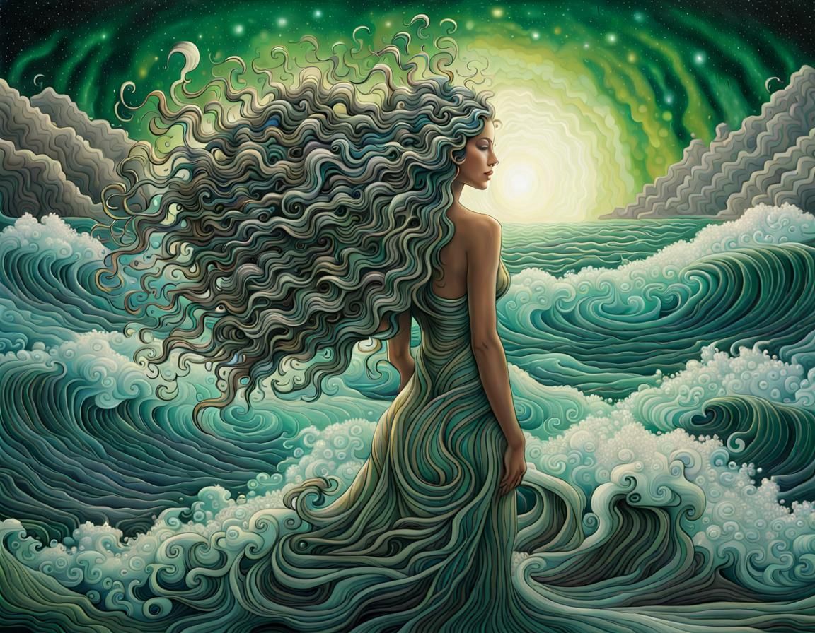 Woman on Windswept Cliff in Psychedelic Art Style