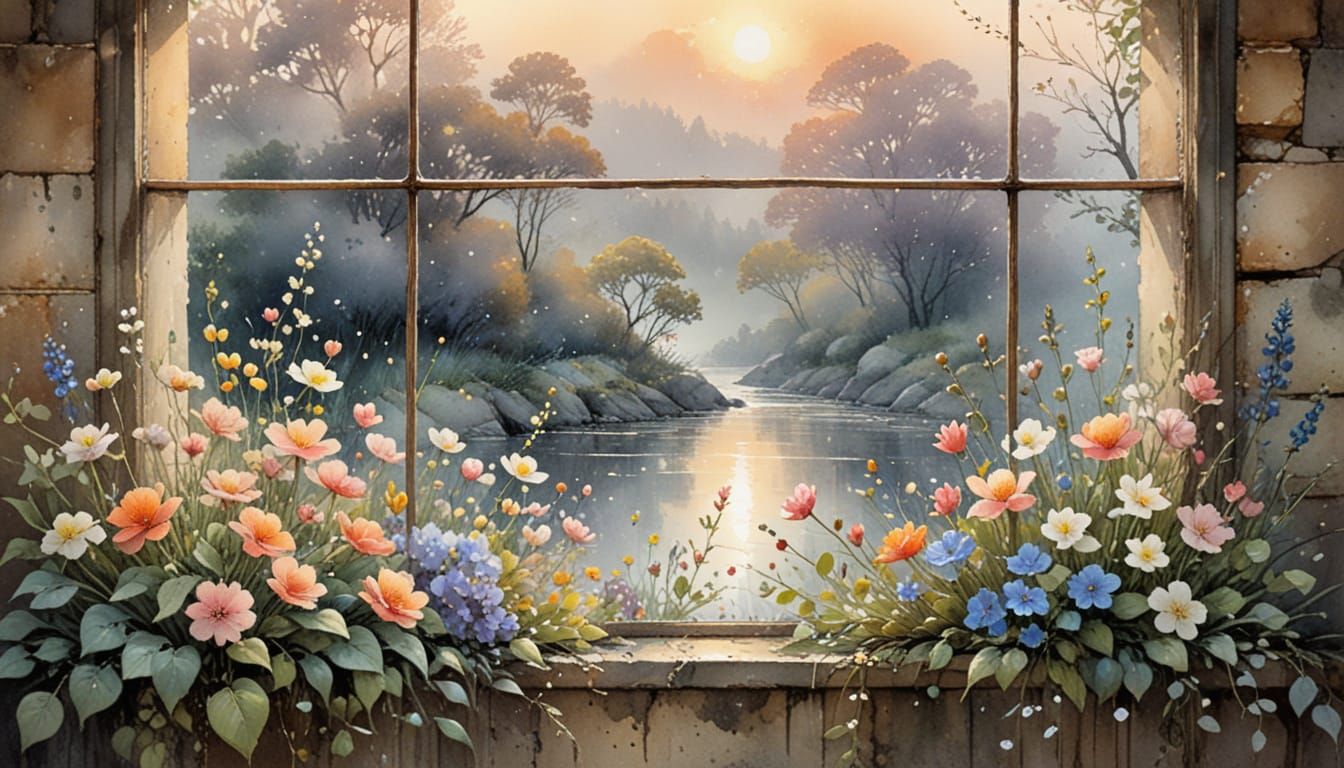 Soft Watercolor Bloom in a Whimsical Springtime Window