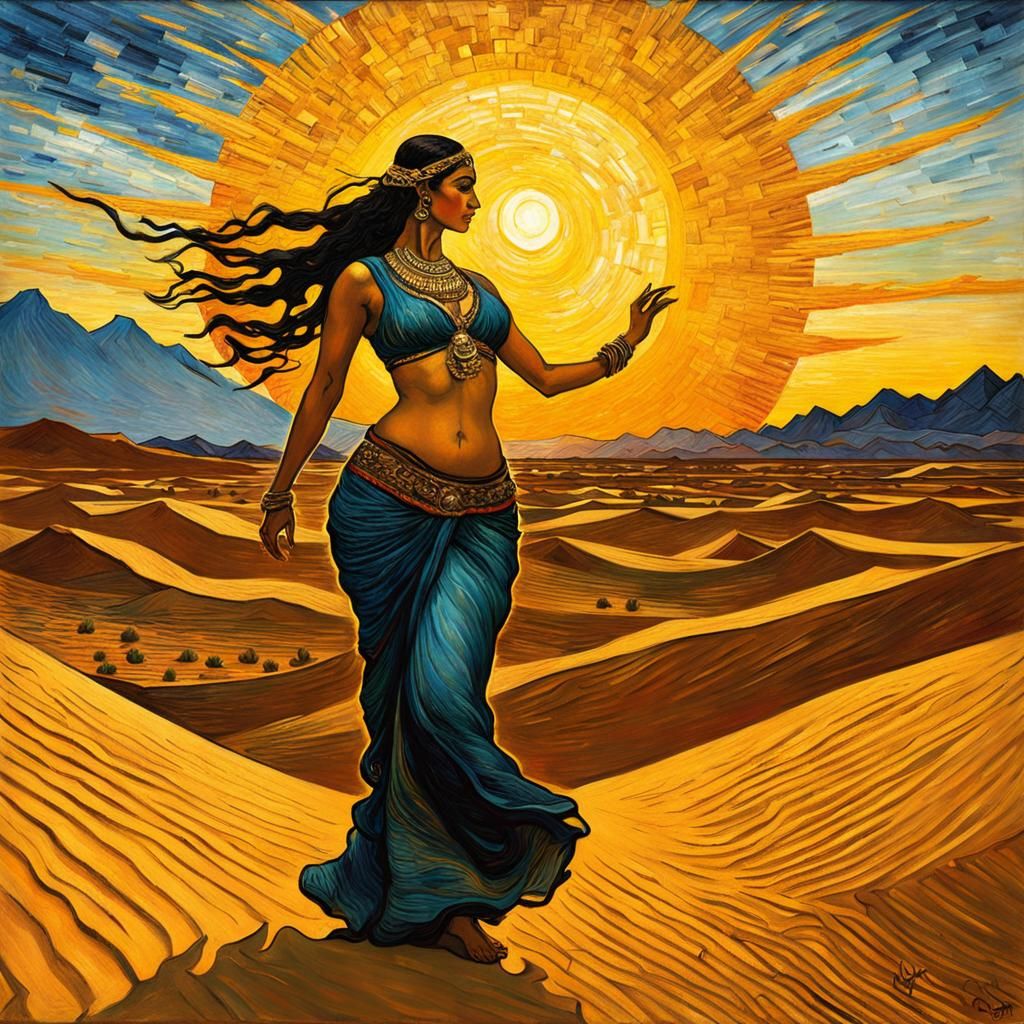 Desert Sunset with Belly Dancer in Expressionist Style