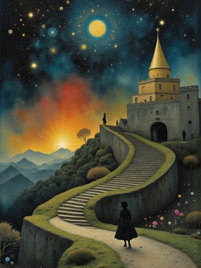 Surreal Golden Sunset with Escher Architecture