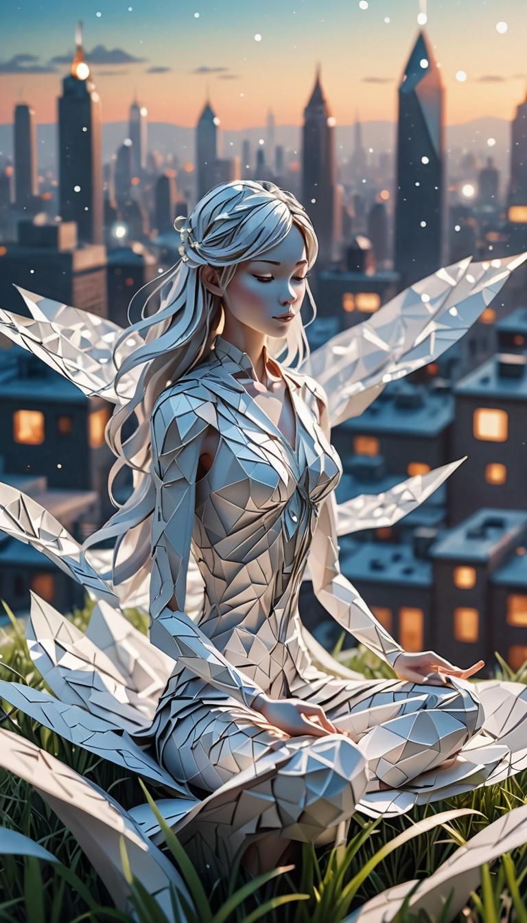 Paper Woman in Yoga Pose Overlooking City