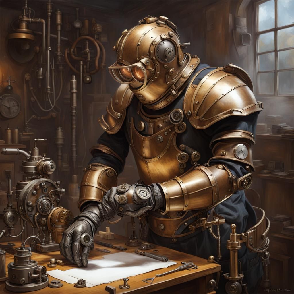 Artificer Forging Armor with Steampunk Engine