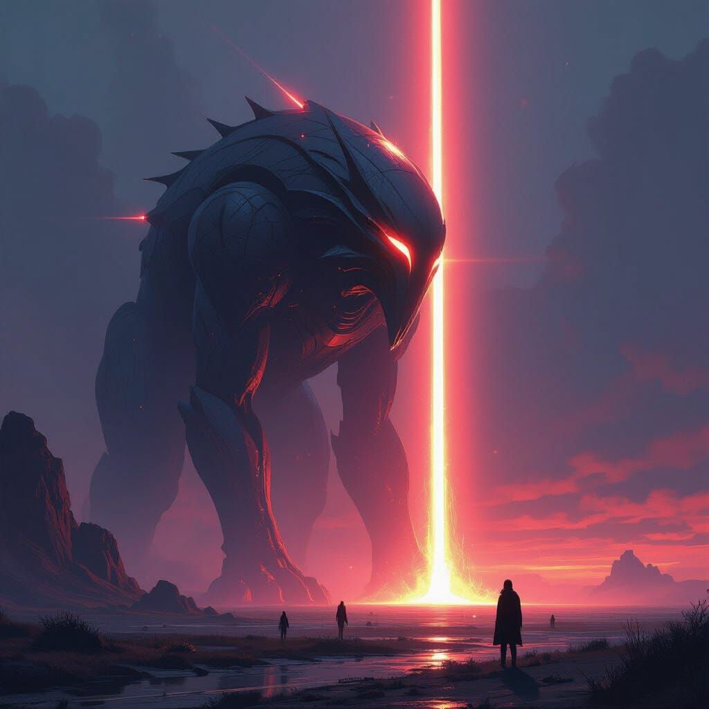 Majestic Mythological Creature in Eerie Futuristic Landscape